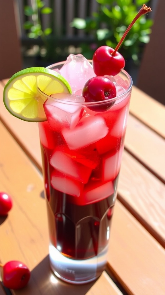 Refreshing Cherry Rum Cola cocktail with cherries and lime garnish on a wooden table.